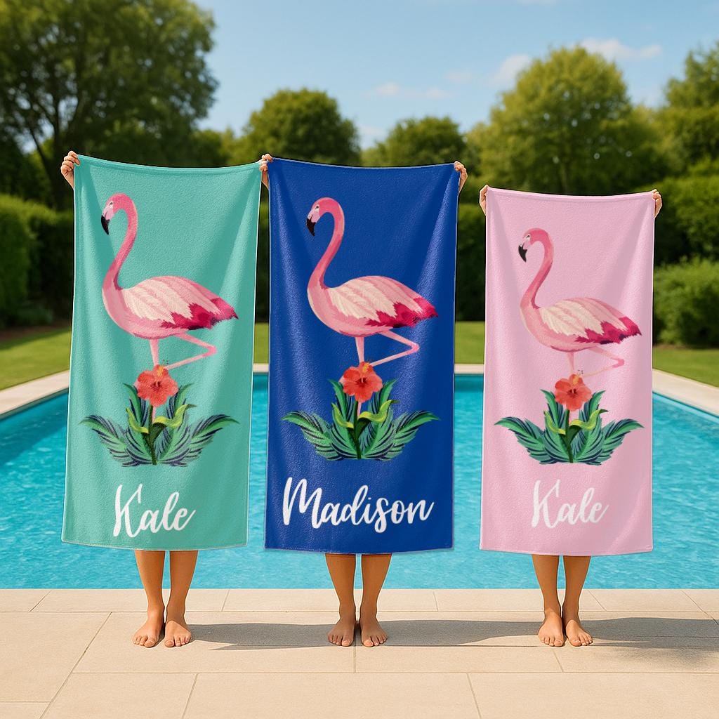 Personalized Flamingo Beach Towel, Custom Name Vacation Gift
