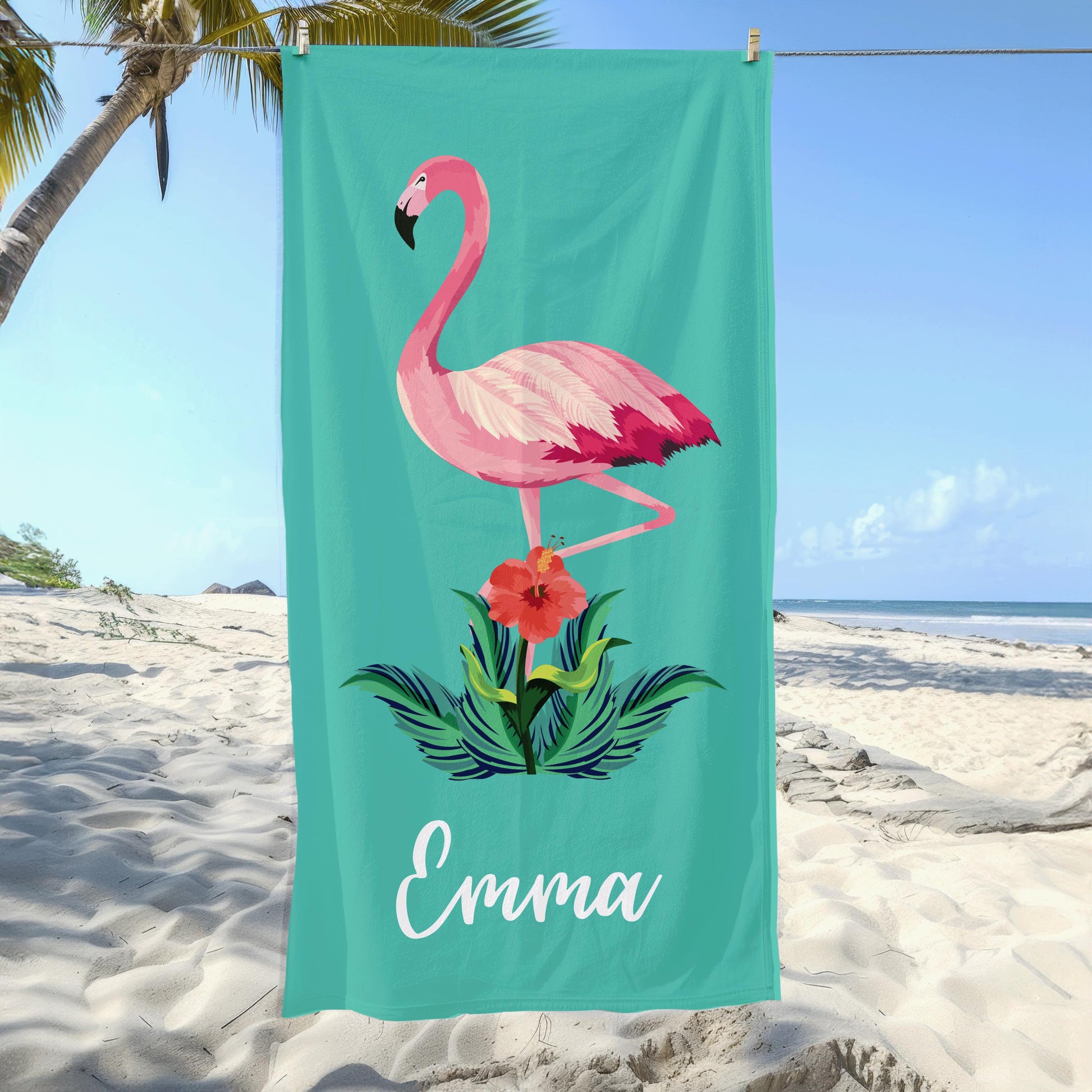 Personalized Flamingo Beach Towel, Custom Name Vacation Gift
