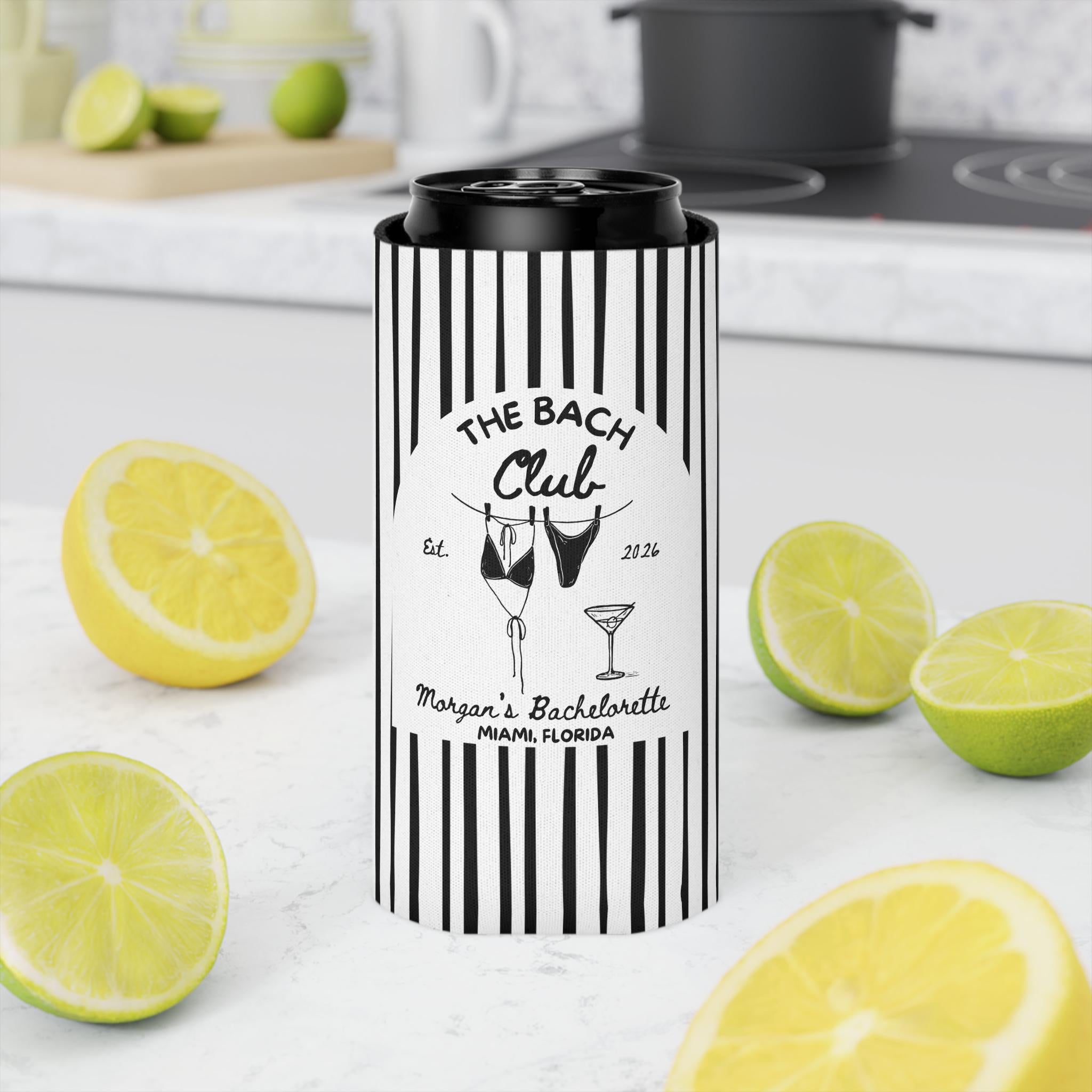 The Bach Club Cozies, Custom Bachelorette Can Coolers, Destination Bachelorette Party Favors, Personalized Beach Club Cozies
