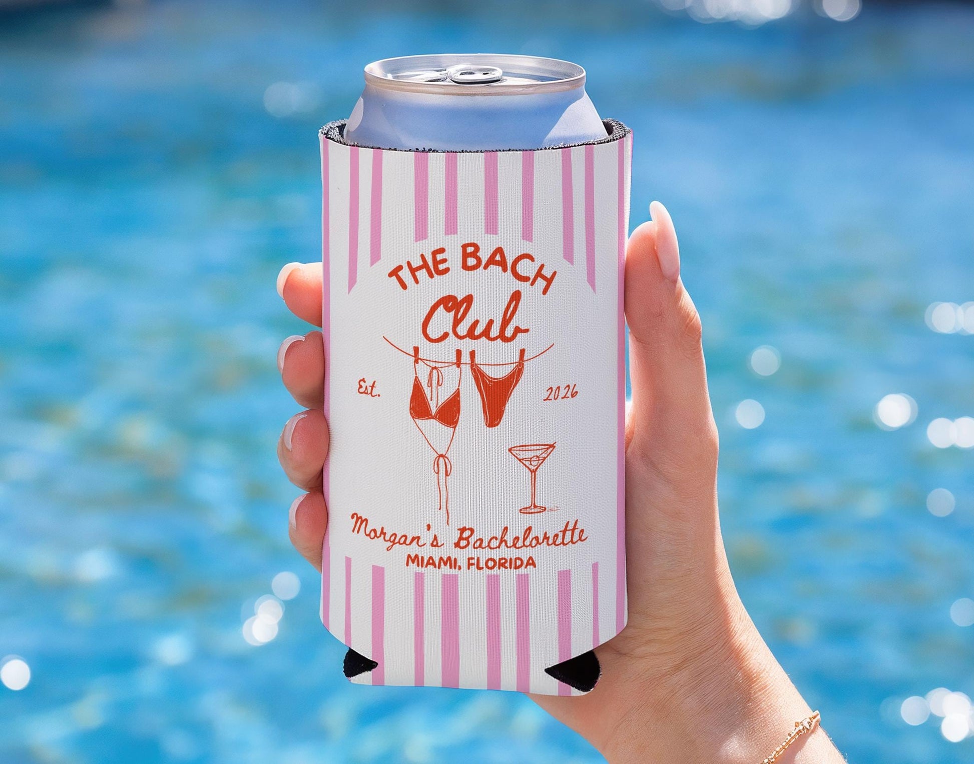The Bach Club Cozies, Custom Bachelorette Can Coolers, Destination Bachelorette Party Favors, Personalized Beach Club Cozies