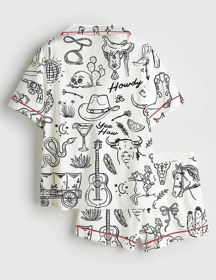 Cowgirl Whimsical Style Hand Drawn Western Bachelorette Party Satin Pajama Set, Bachelorette Cowboy Shirt PJS Gift for Fan, Nightwear Pajama