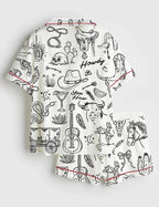 Cowgirl Whimsical Style Hand Drawn Western Bachelorette Party Satin Pajama Set, Bachelorette Cowboy Shirt PJS Gift for Fan, Nightwear Pajama