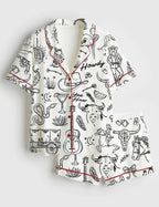 Cowgirl Whimsical Style Hand Drawn Western Bachelorette Party Satin Pajama Set, Bachelorette Cowboy Shirt PJS Gift for Fan, Nightwear Pajama