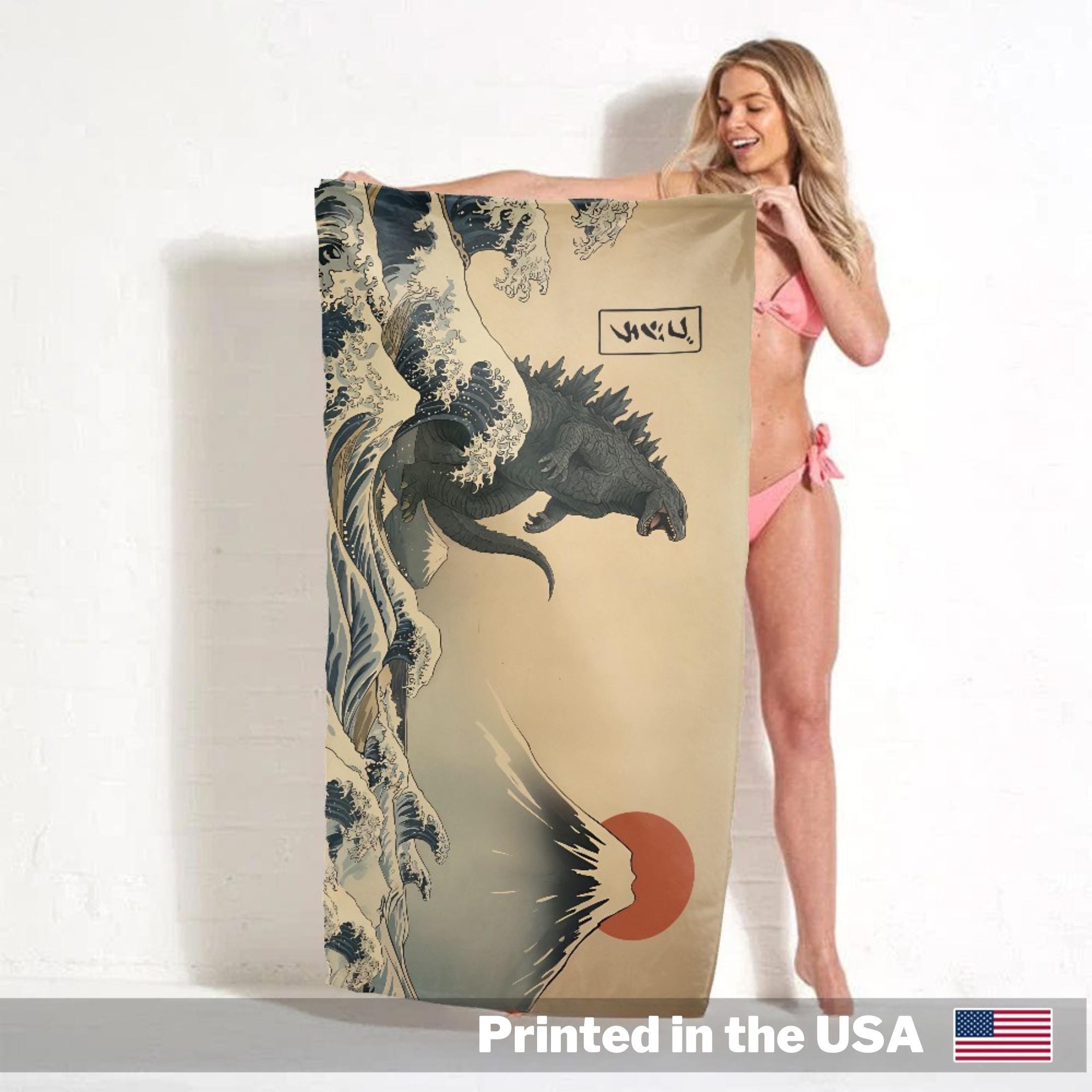 Vintage Japanese Godzilla Beach Towel, Beach Towel, Summer Gift for Him, Girl Trip Essentials, Aesthetic Travel Accessories, Retro Kaiju