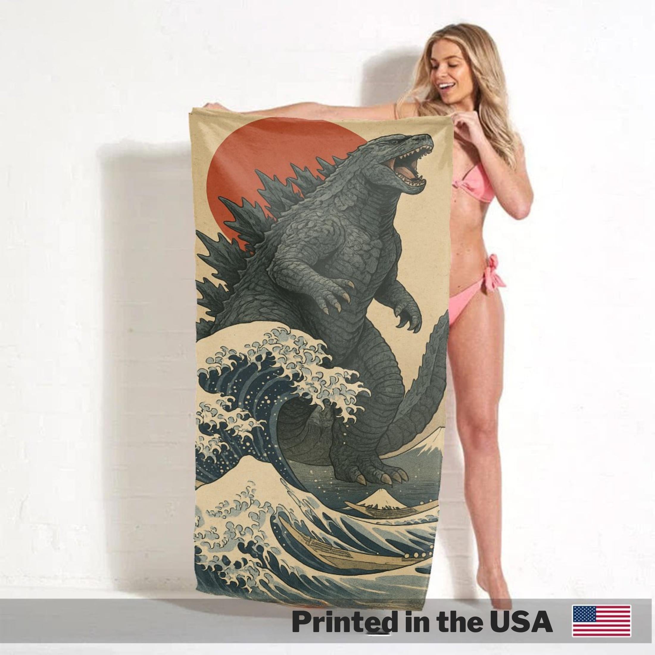 Vintage Japanese Godzilla Beach Towel, Beach Towel, Summer Gift for Him, Girl Trip Essentials, Aesthetic Travel Accessories, Retro Kaiju