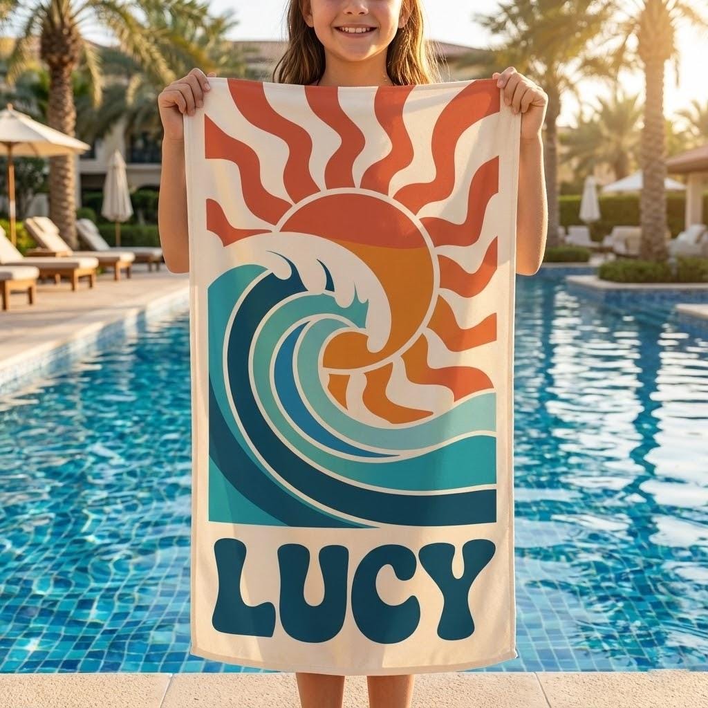 Custom Name Surf Wave Beach Towel, Retro Sunset Summer Towel for Kids & Adults, Personalized Pool Towel, Travel Gift Idea