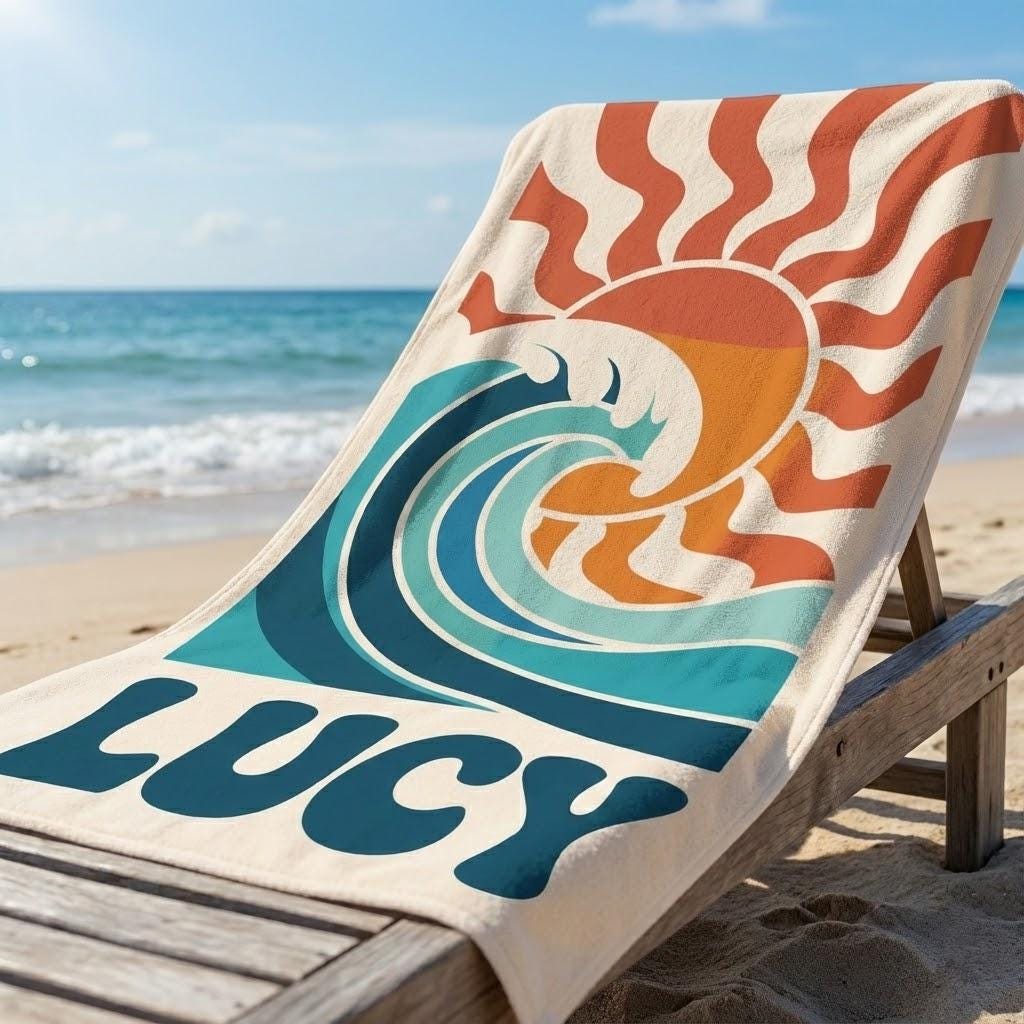 Custom Name Surf Wave Beach Towel, Retro Sunset Summer Towel for Kids & Adults, Personalized Pool Towel, Travel Gift Idea