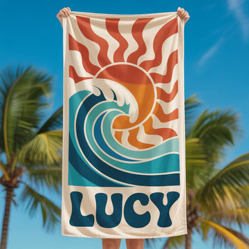 Custom Name Surf Wave Beach Towel, Retro Sunset Summer Towel for Kids & Adults, Personalized Pool Towel, Travel Gift Idea