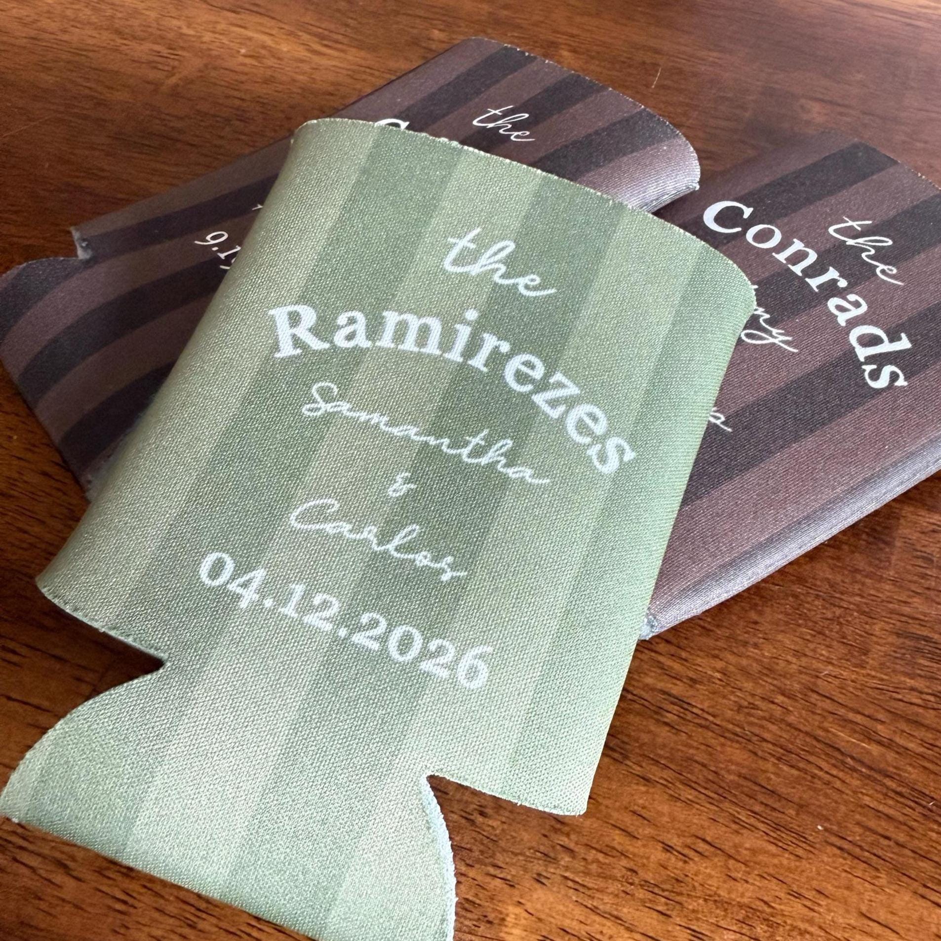 Personalized Wedding Can Cooler, Striped Design, Custom Wedding Favor