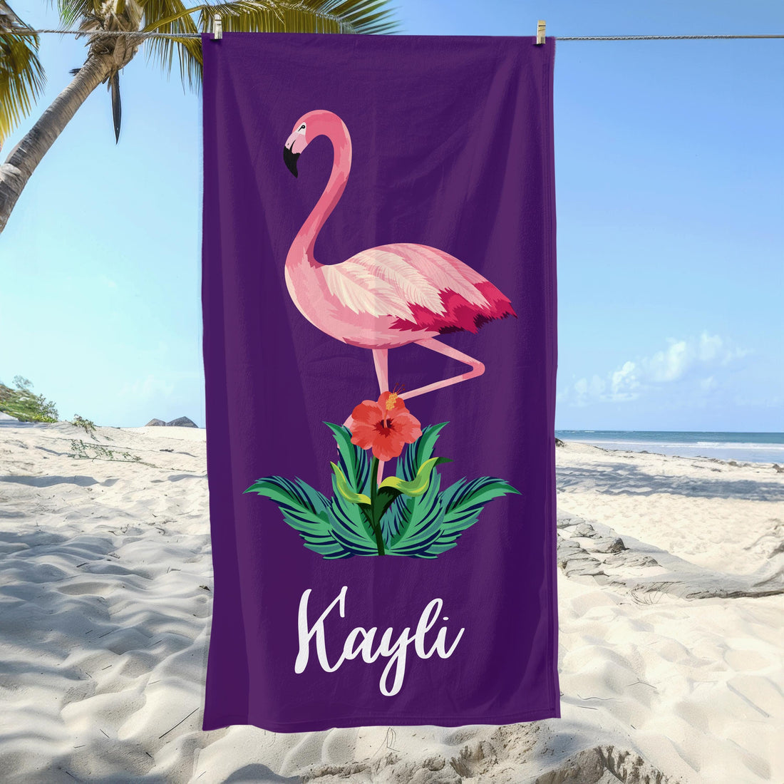 Personalized Flamingo Beach Towel, Custom Name Vacation Gift