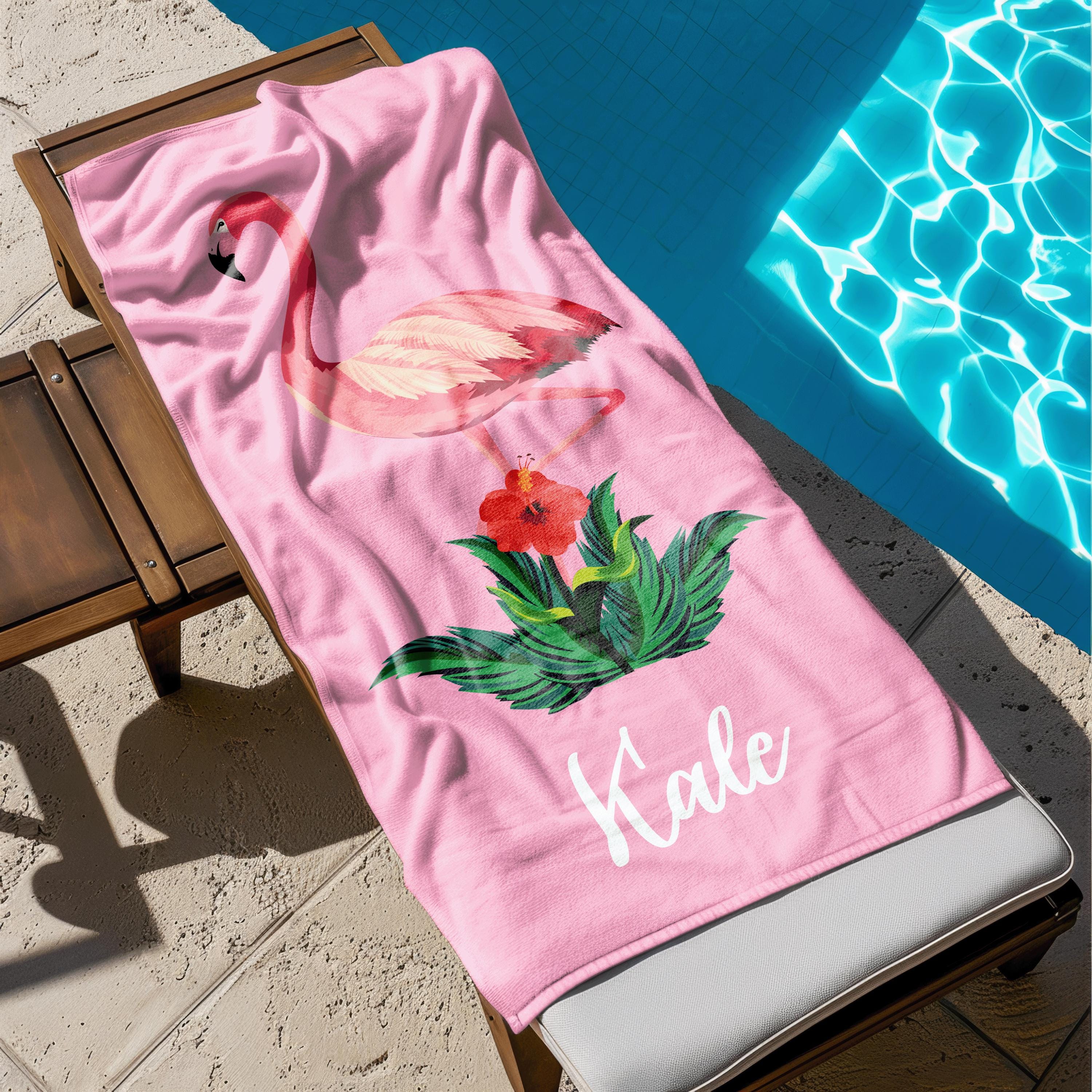 Personalized Flamingo Beach Towel, Custom Name Vacation Gift
