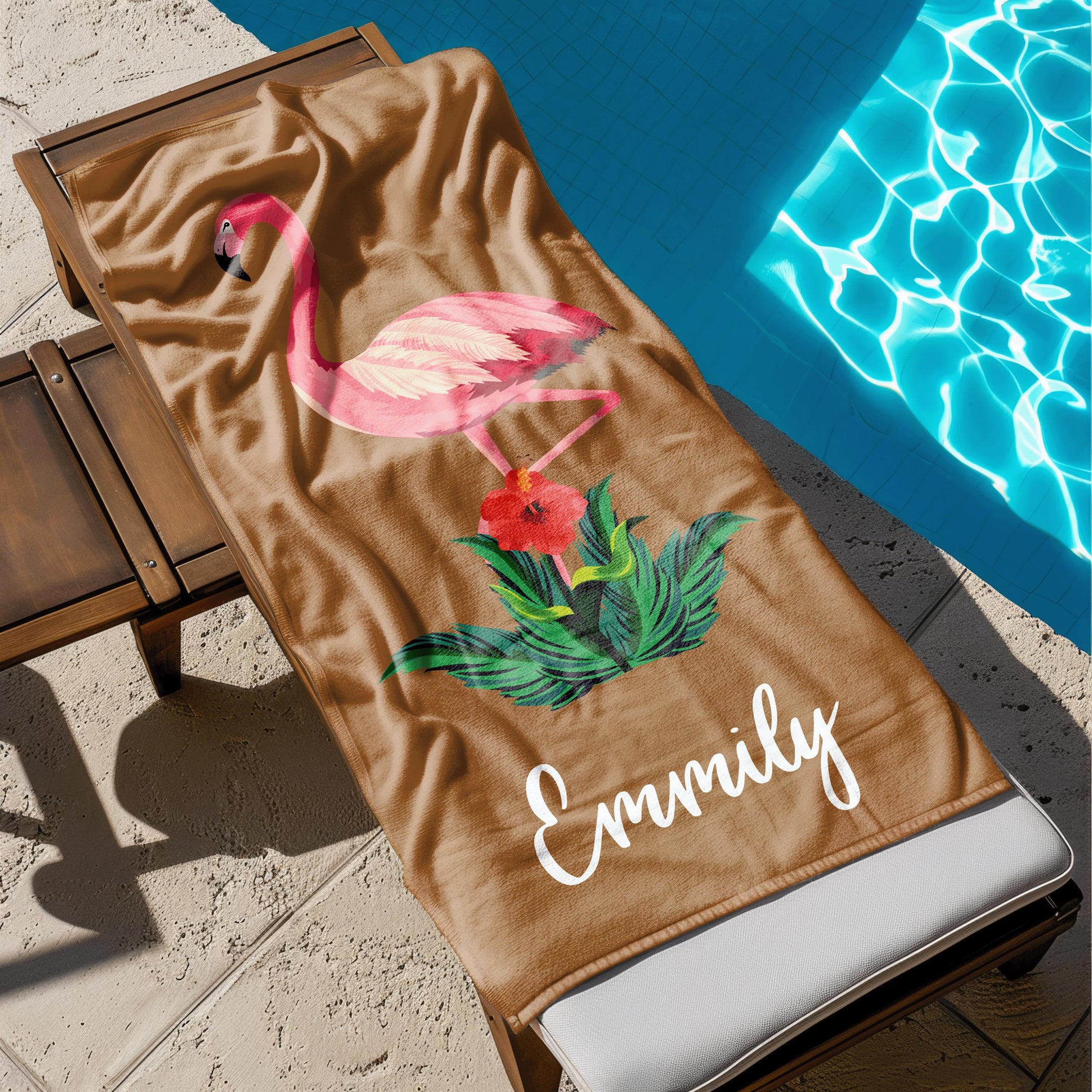 Personalized Flamingo Beach Towel, Custom Name Vacation Gift