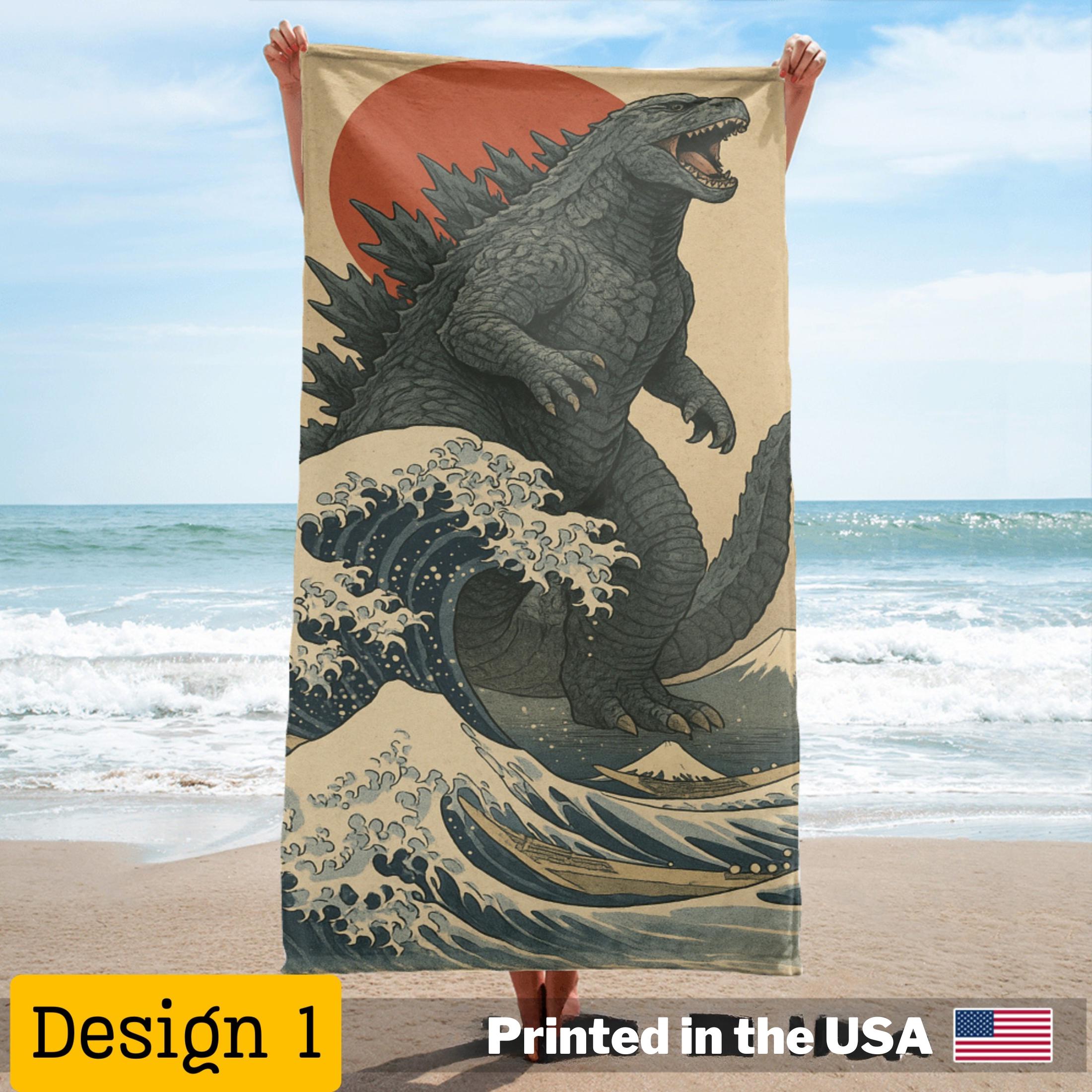 Vintage Japanese Godzilla Beach Towel, Beach Towel, Summer Gift for Him, Girl Trip Essentials, Aesthetic Travel Accessories, Retro Kaiju