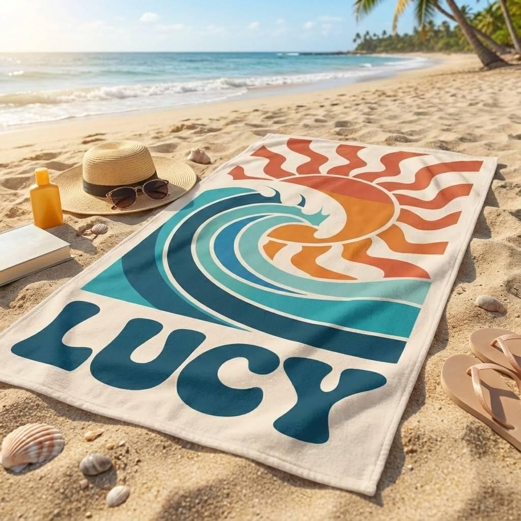 Custom Name Surf Wave Beach Towel, Retro Sunset Summer Towel for Kids & Adults, Personalized Pool Towel, Travel Gift Idea