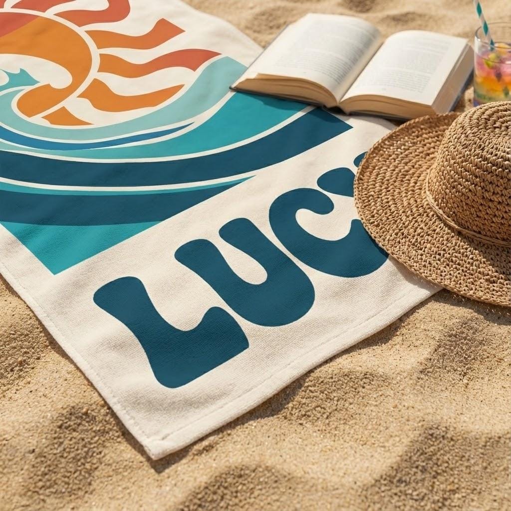 Custom Name Surf Wave Beach Towel, Retro Sunset Summer Towel for Kids & Adults, Personalized Pool Towel, Travel Gift Idea