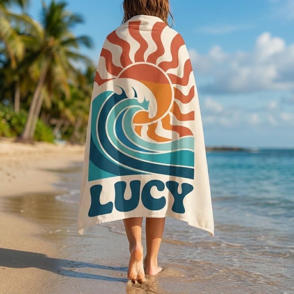 Custom Name Surf Wave Beach Towel, Retro Sunset Summer Towel for Kids & Adults, Personalized Pool Towel, Travel Gift Idea