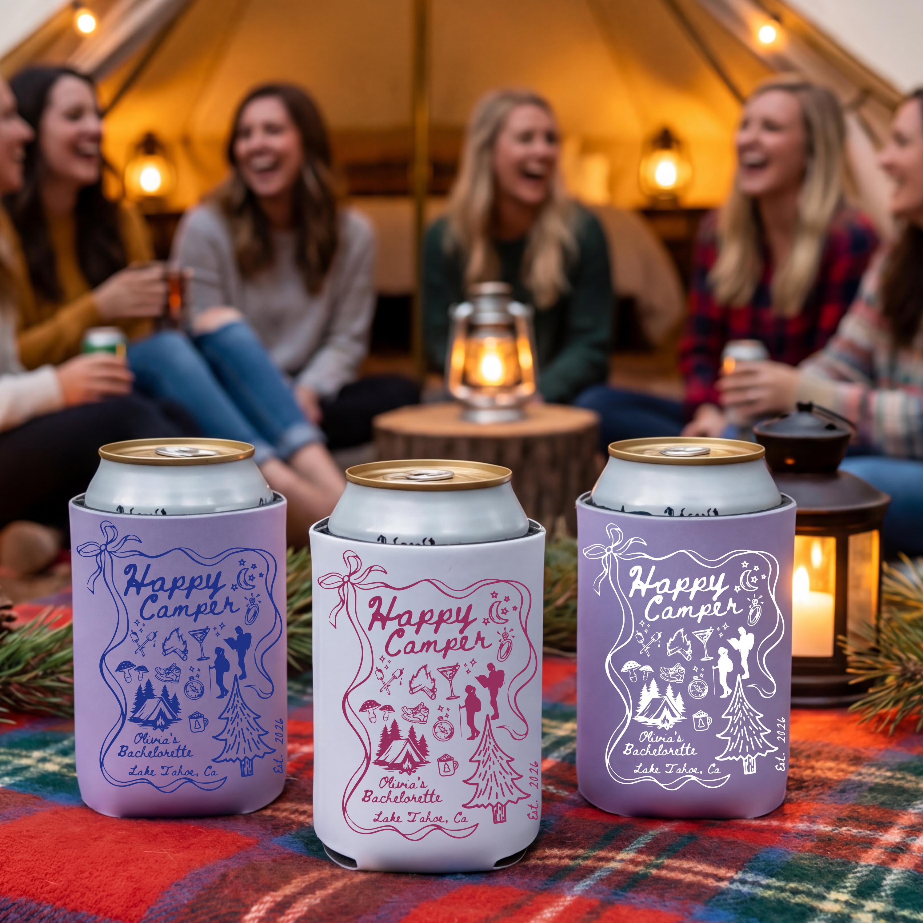 Custom Can Cooler Happy Camper Camp Camping Hiking Outdoor Lake Cabin Bonfire Bach Can Cooler
