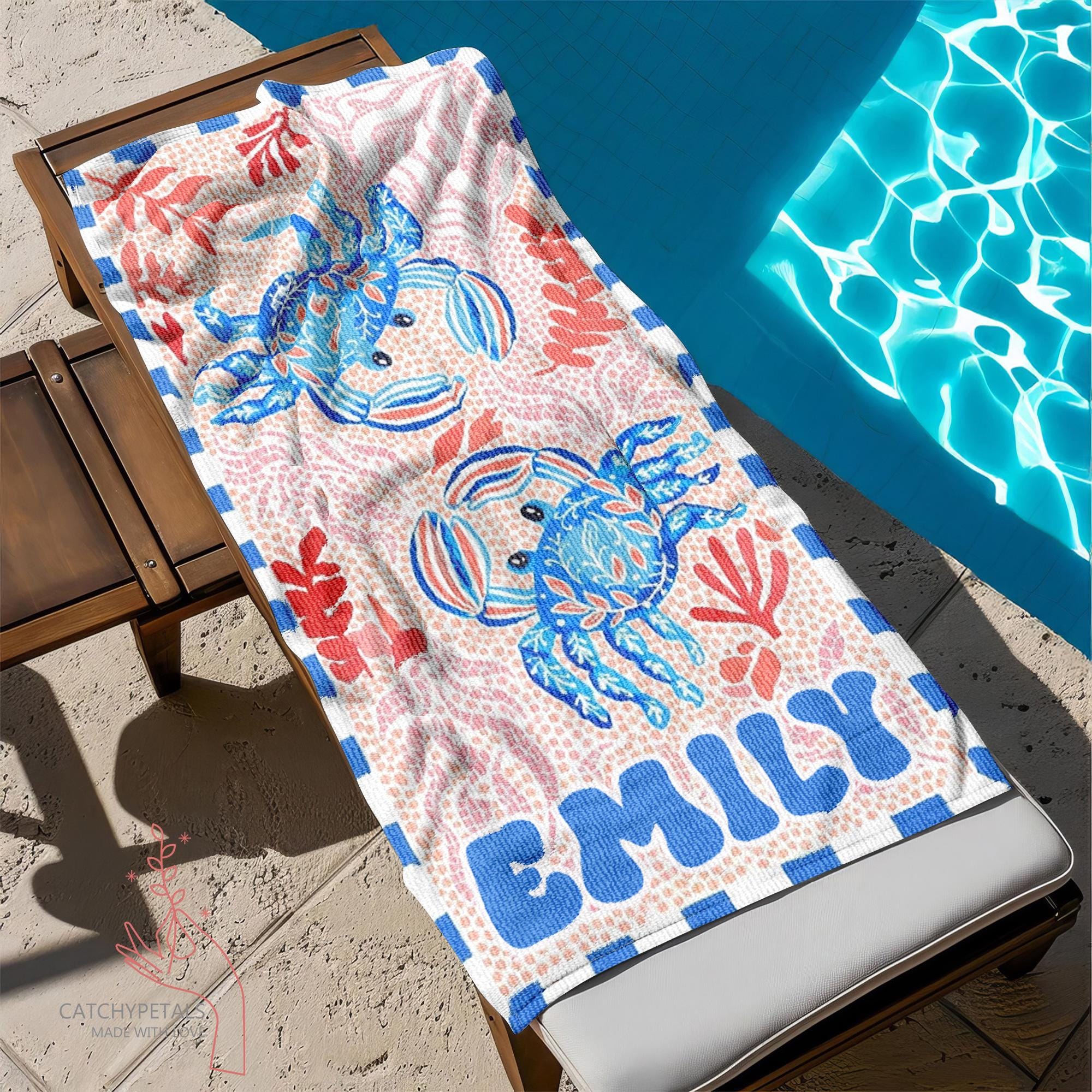 Personalized Retro Beach Towel, Marine Animal Beach Towel, Custom Name Towel, Summer Vacation Gift, Gift for Bestfriend, Bachelorette Party
