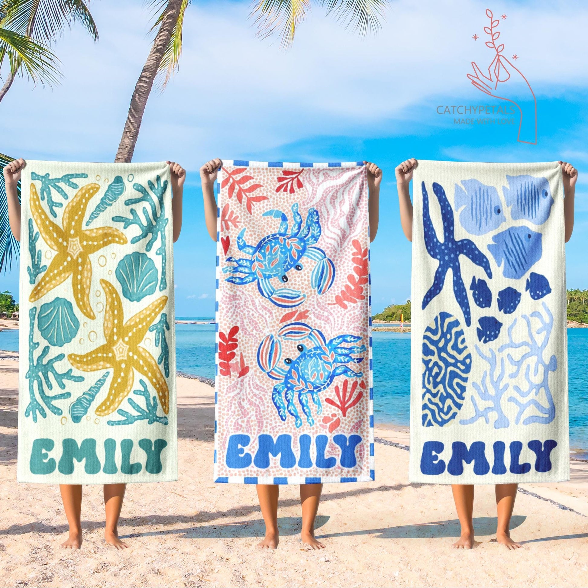 Personalized Retro Beach Towel, Marine Animal Beach Towel, Custom Name Towel, Summer Vacation Gift, Gift for Bestfriend, Bachelorette Party