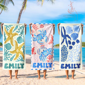 Personalized Retro Beach Towel, Marine Animal Beach Towel, Custom Name Towel, Summer Vacation Gift, Gift for Bestfriend, Bachelorette Party