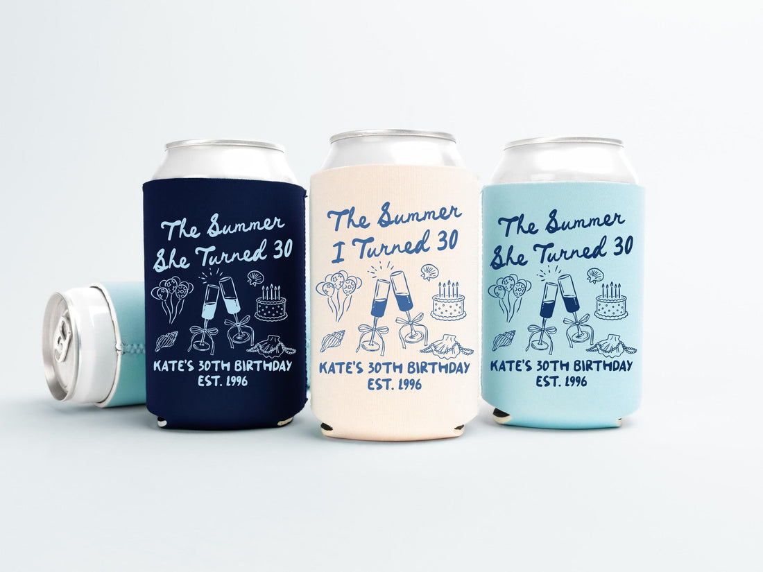 The Summer I Turned Thirty Birthday Can Coolers, 30th, 40th, 50th Birthday Personalized Can Sleeves, Beach Coastal Birthday Party Favors