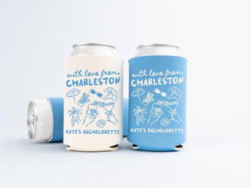 With Love From Charleston Bachelorette Can Cooler - Custom Beach Bachelorette Party Favors - Personalized Cozies in Regular and Slim Size
