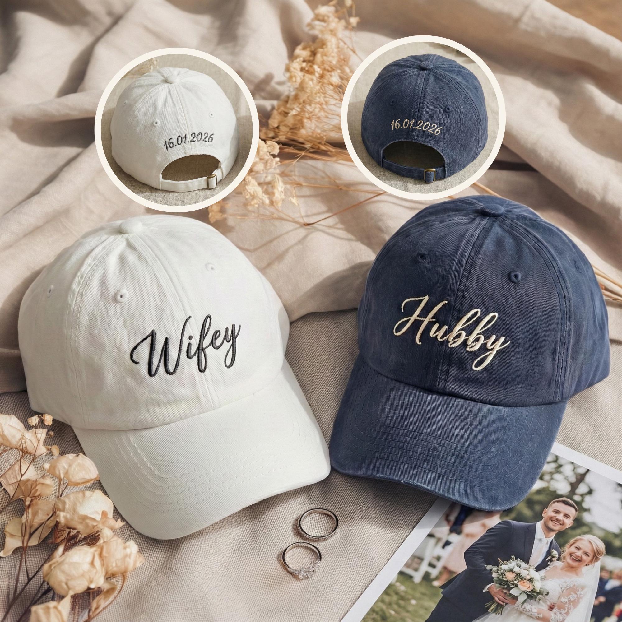 Custom Hubby Wifey Embroidered Washed Baseball Cap, Custom Date Wedding Gift Hat, Bachelorette Party Dad Hat, Engagement Gift, Bride Hat