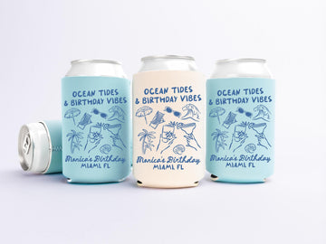Ocean Tides & Birthday Vibes Birthday Can Cooler - Custom Beach Birthday Party Favors - Personalized Cozies in Regular and Slim Size