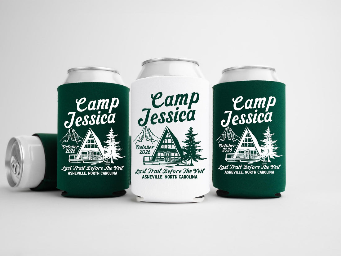 Camp Bachelorette Can Coolers, Personalized Lake Club Bachelorette Drink Can Sleeves, Camping Bachelorette Party Favors, Cabin Girls Trip