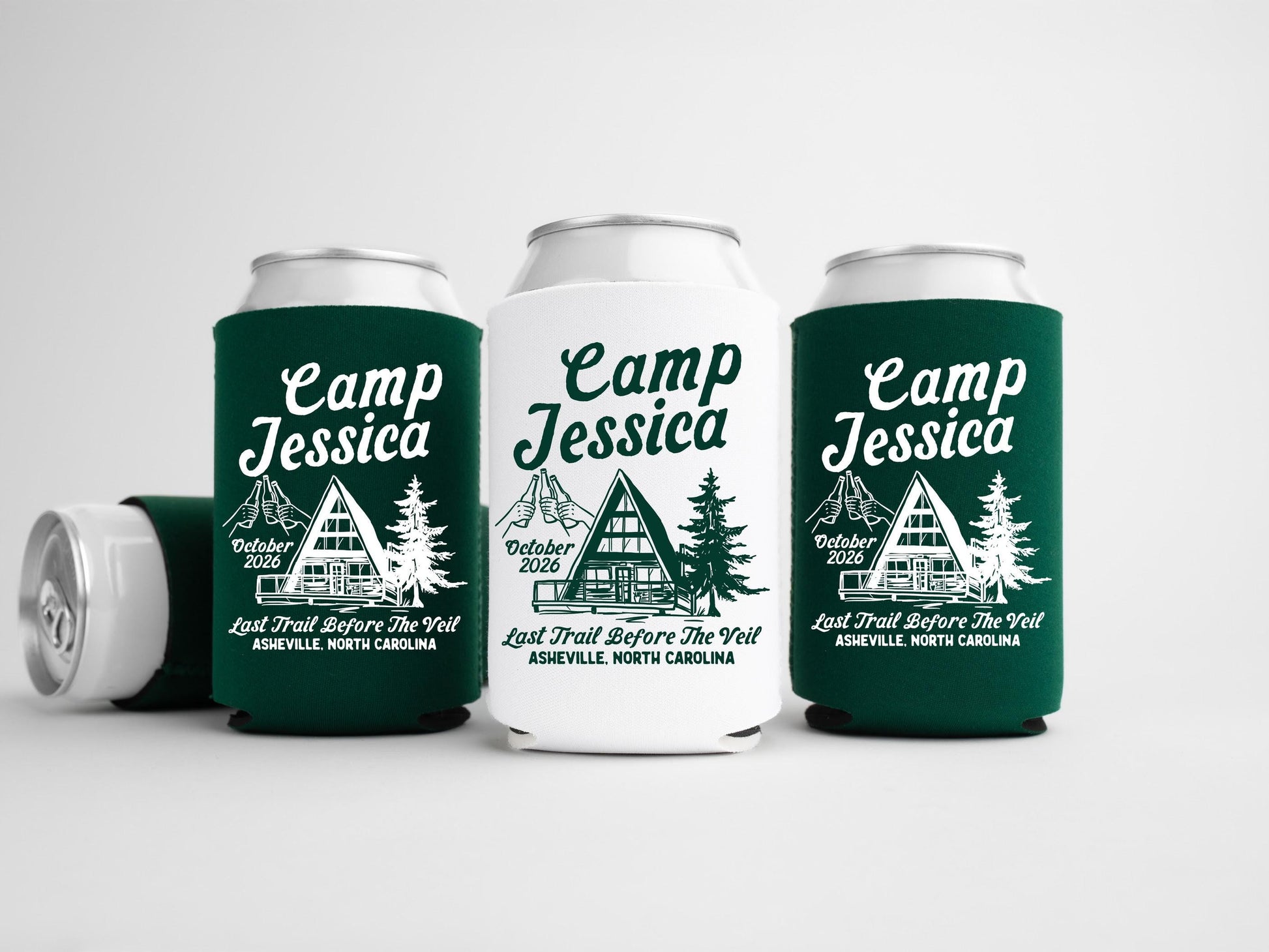 Camp Bachelorette Can Coolers, Personalized Lake Club Bachelorette Drink Can Sleeves, Camping Bachelorette Party Favors, Cabin Girls Trip