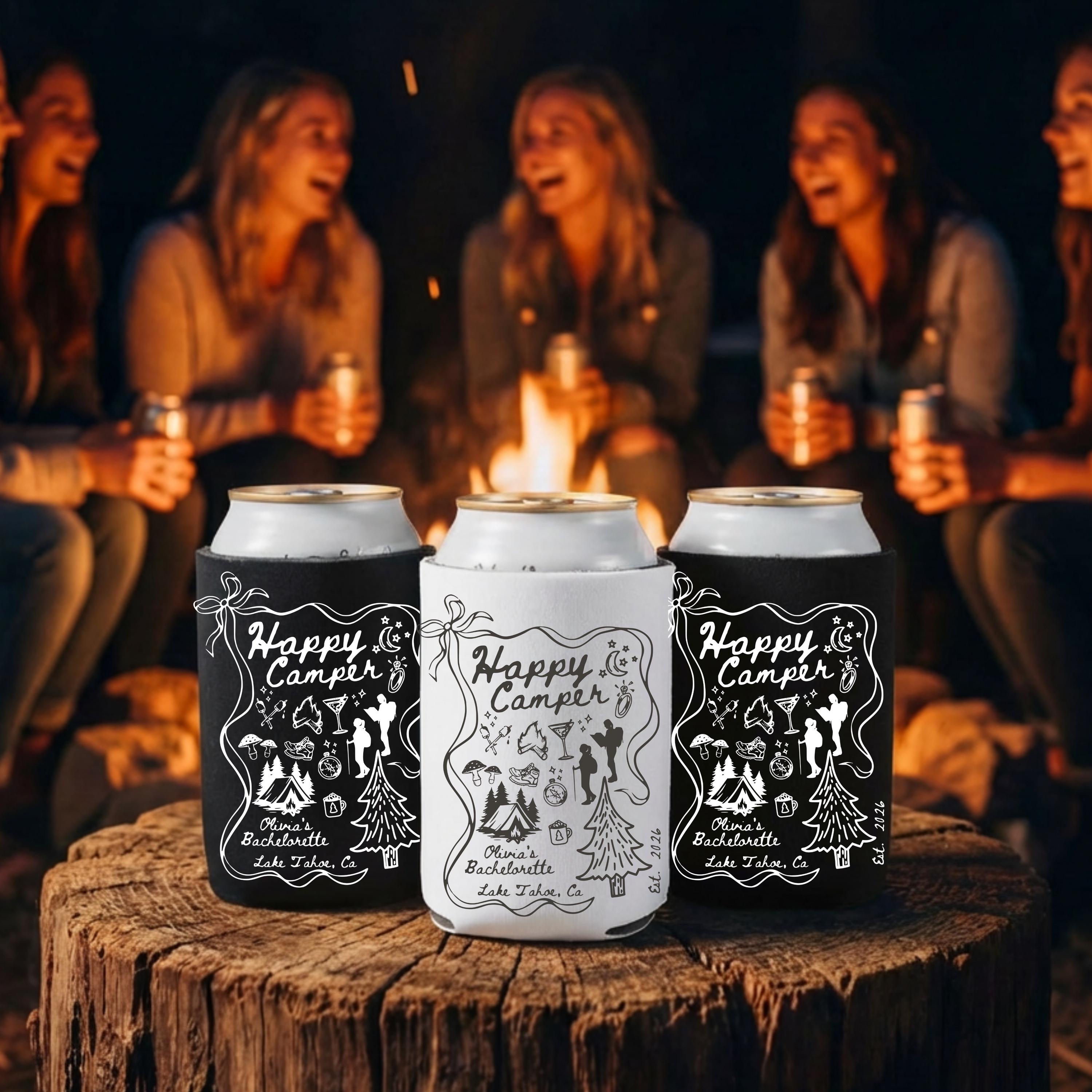 Custom Can Cooler Happy Camper Camp Camping Hiking Outdoor Lake Cabin Bonfire Bach Can Cooler