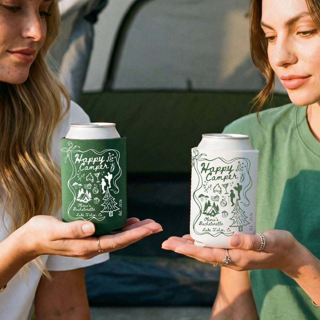 Custom Can Cooler Happy Camper Camp Camping Hiking Outdoor Lake Cabin Bonfire Bach Can Cooler