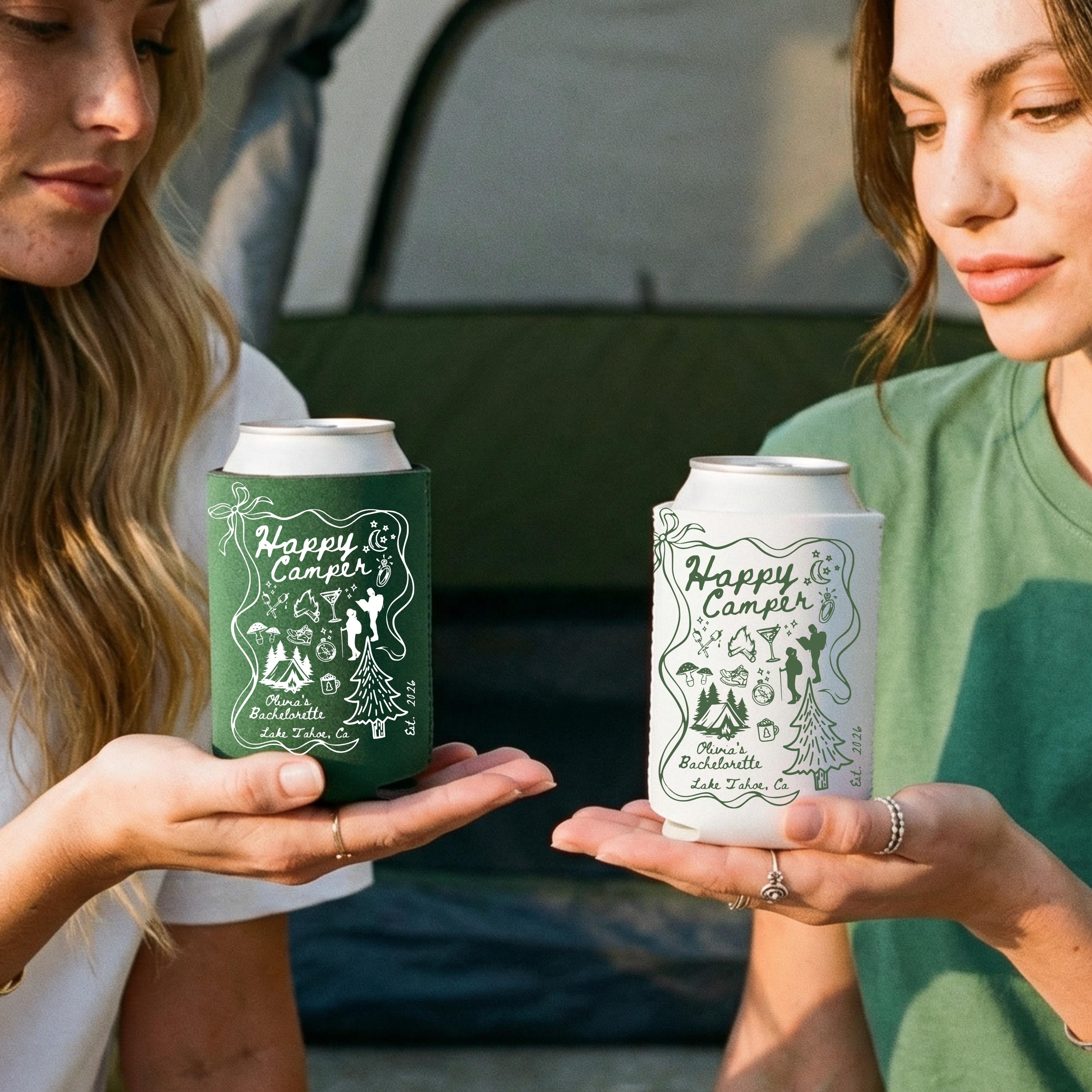 Custom Can Cooler Happy Camper Camp Camping Hiking Outdoor Lake Cabin Bonfire Bach Can Cooler
