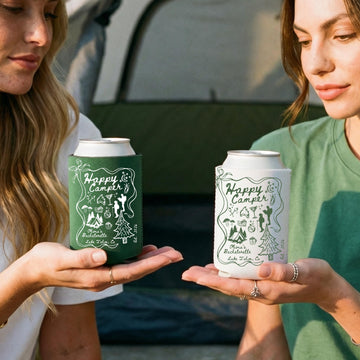 Custom Can Cooler Happy Camper Camp Camping Hiking Outdoor Lake Cabin Bonfire Bach Can Cooler