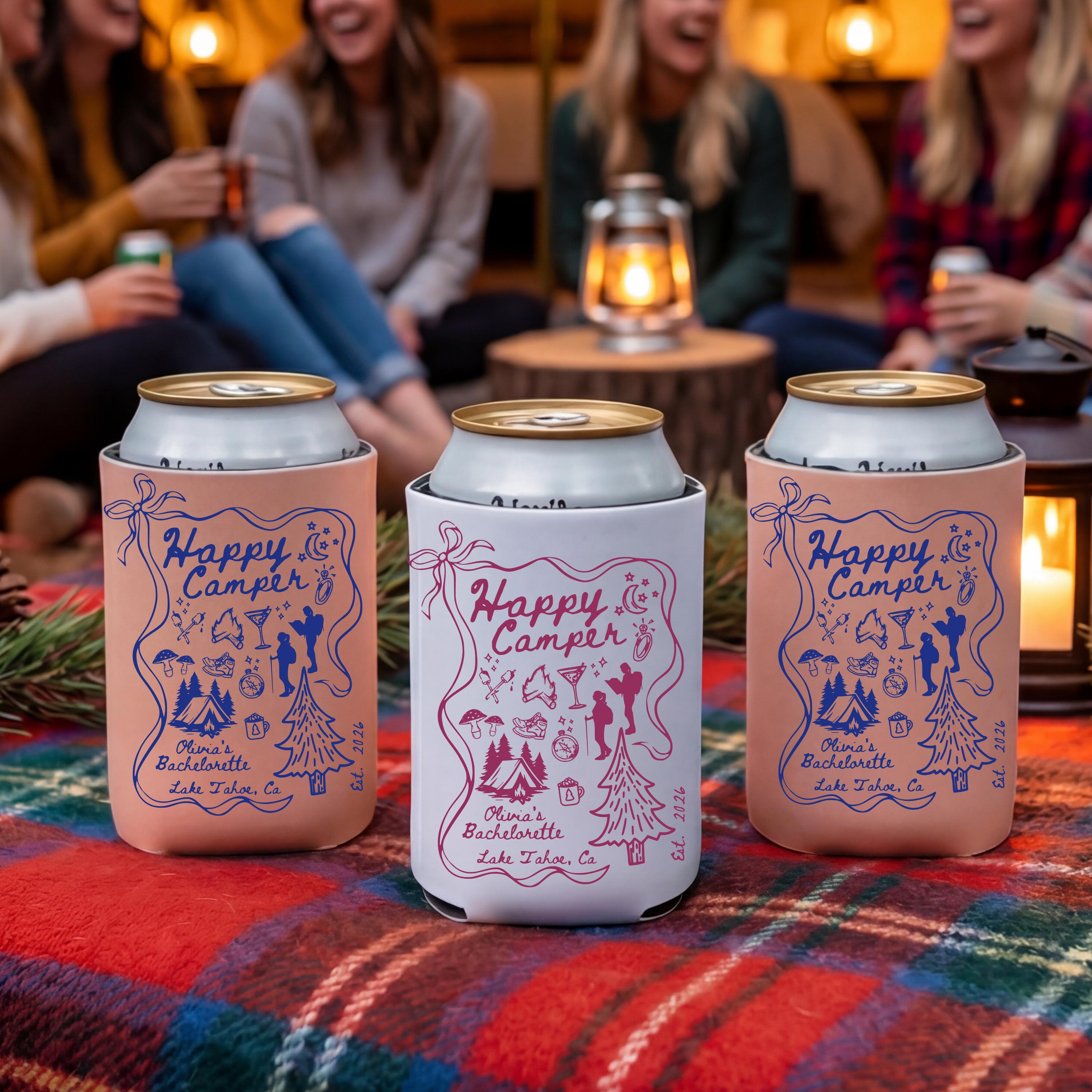 Custom Can Cooler Happy Camper Camp Camping Hiking Outdoor Lake Cabin Bonfire Bach Can Cooler