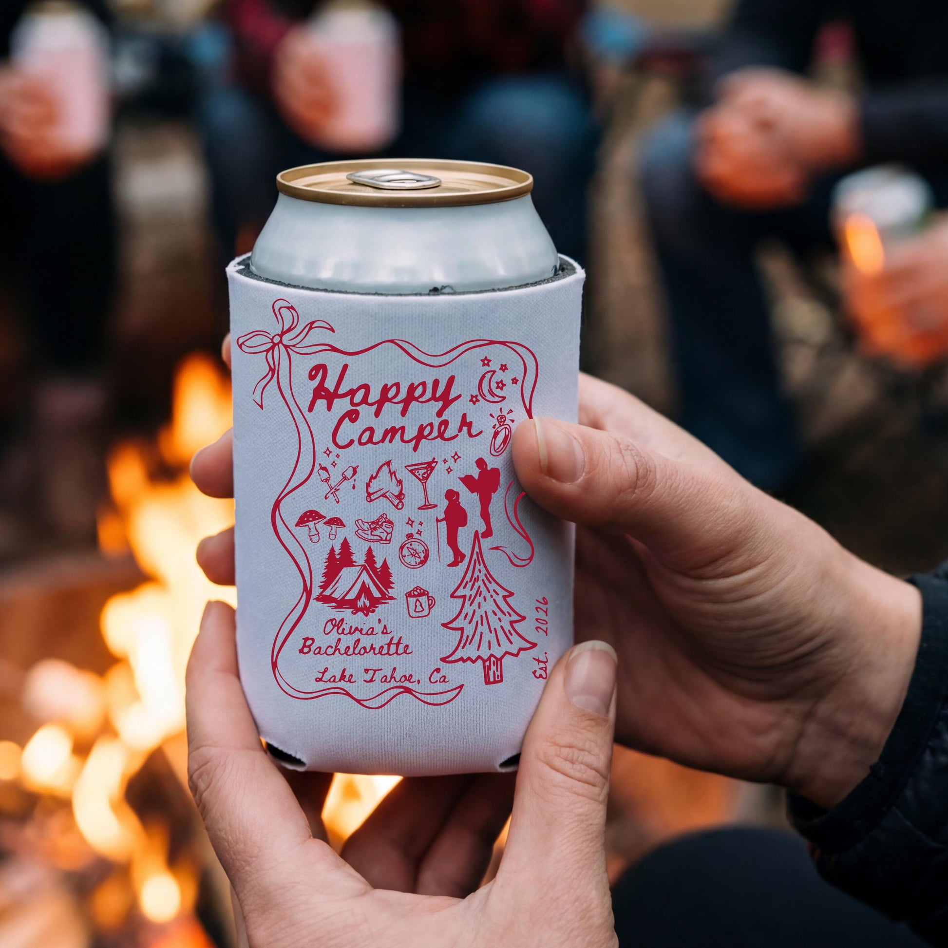 Custom Can Cooler Happy Camper Camp Camping Hiking Outdoor Lake Cabin Bonfire Bach Can Cooler