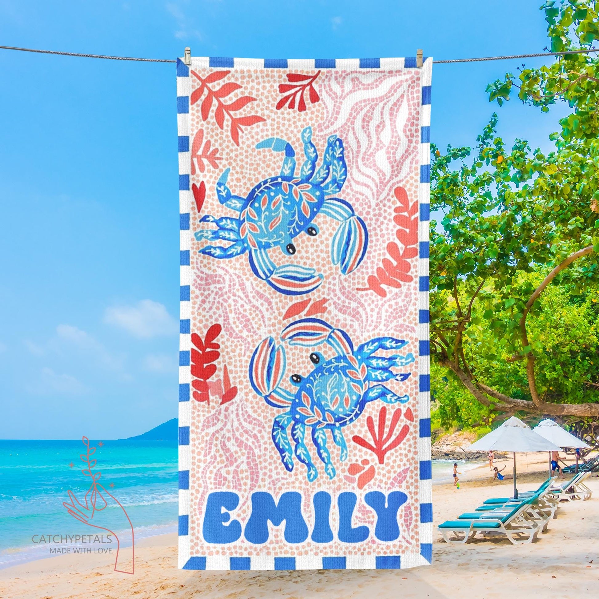Personalized Retro Beach Towel, Marine Animal Beach Towel, Custom Name Towel, Summer Vacation Gift, Gift for Bestfriend, Bachelorette Party