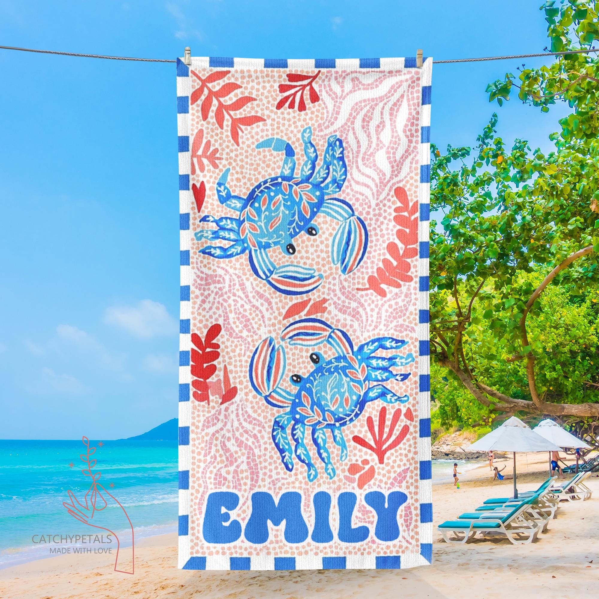 Personalized Retro Beach Towel, Marine Animal Beach Towel, Custom Name Towel, Summer Vacation Gift, Gift for Bestfriend, Bachelorette Party