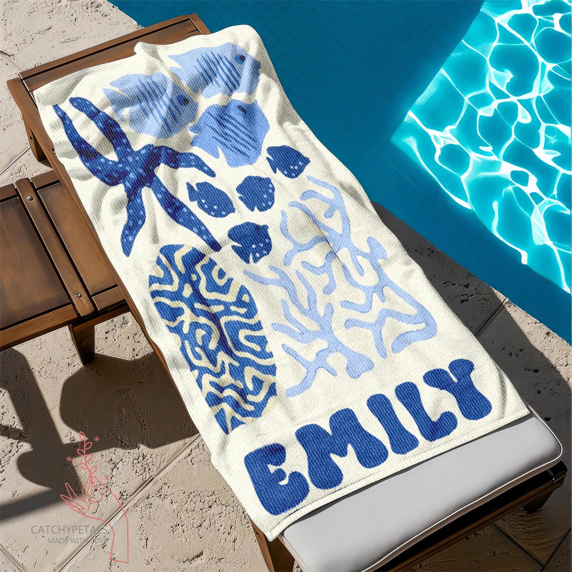 Personalized Retro Beach Towel, Marine Animal Beach Towel, Custom Name Towel, Summer Vacation Gift, Gift for Bestfriend, Bachelorette Party