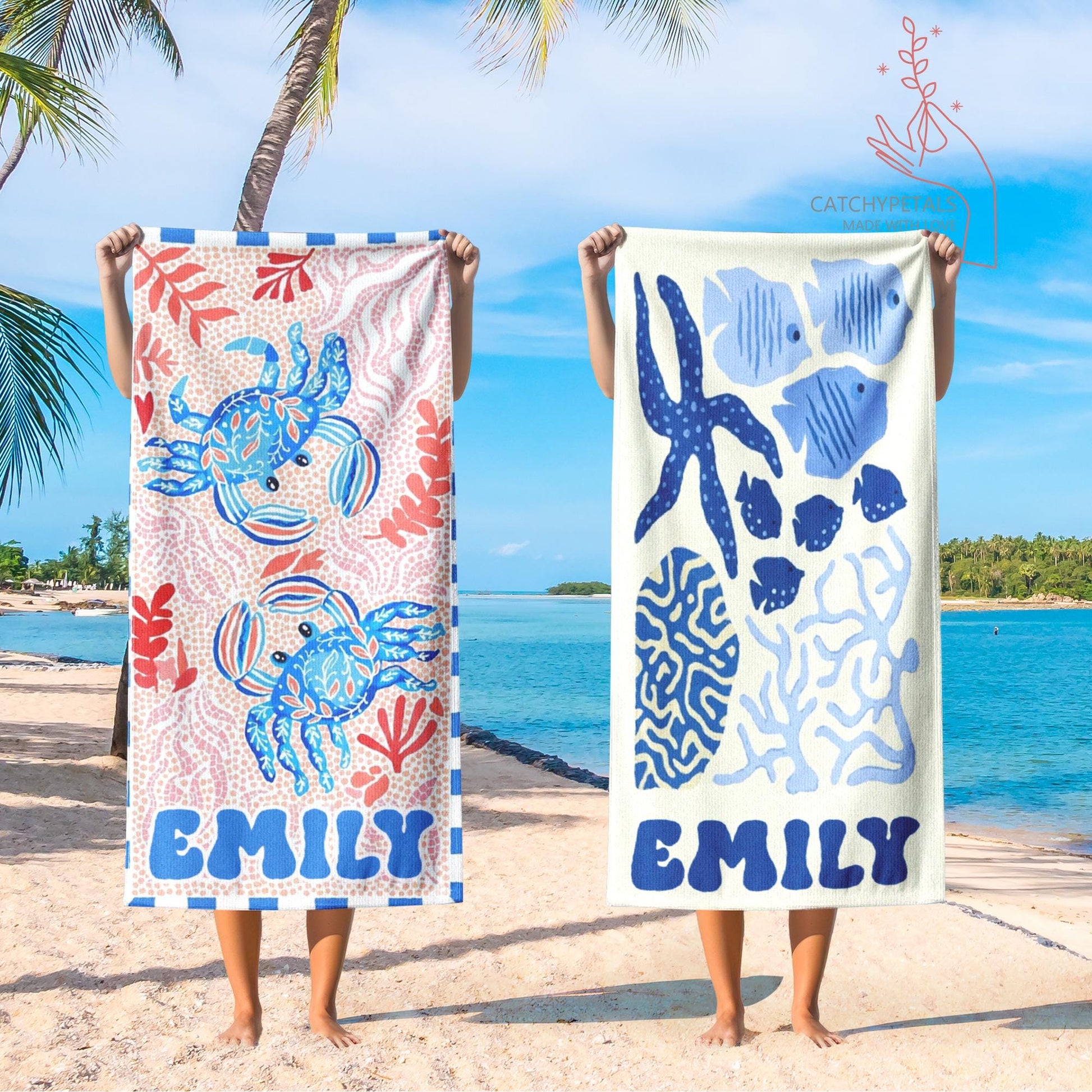Personalized Retro Beach Towel, Marine Animal Beach Towel, Custom Name Towel, Summer Vacation Gift, Gift for Bestfriend, Bachelorette Party