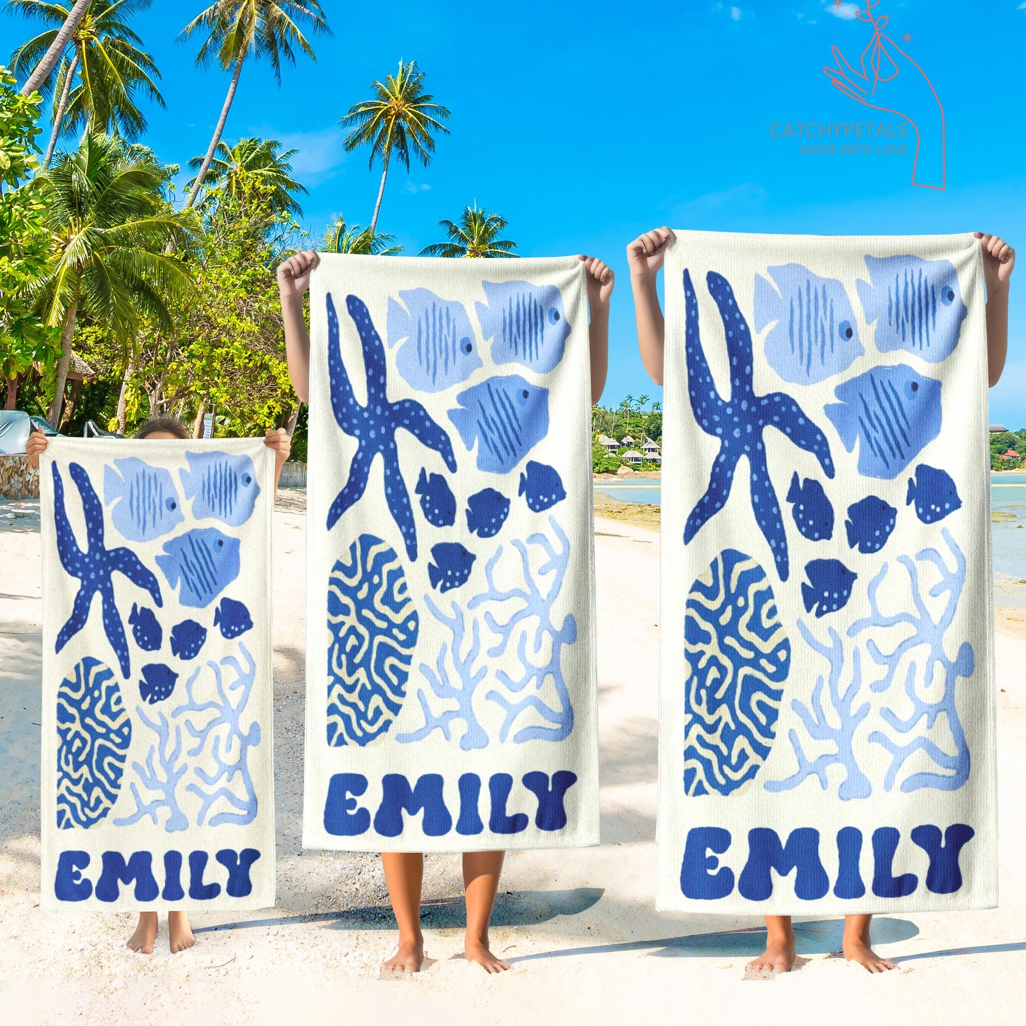 Personalized Retro Beach Towel, Marine Animal Beach Towel, Custom Name Towel, Summer Vacation Gift, Gift for Bestfriend, Bachelorette Party
