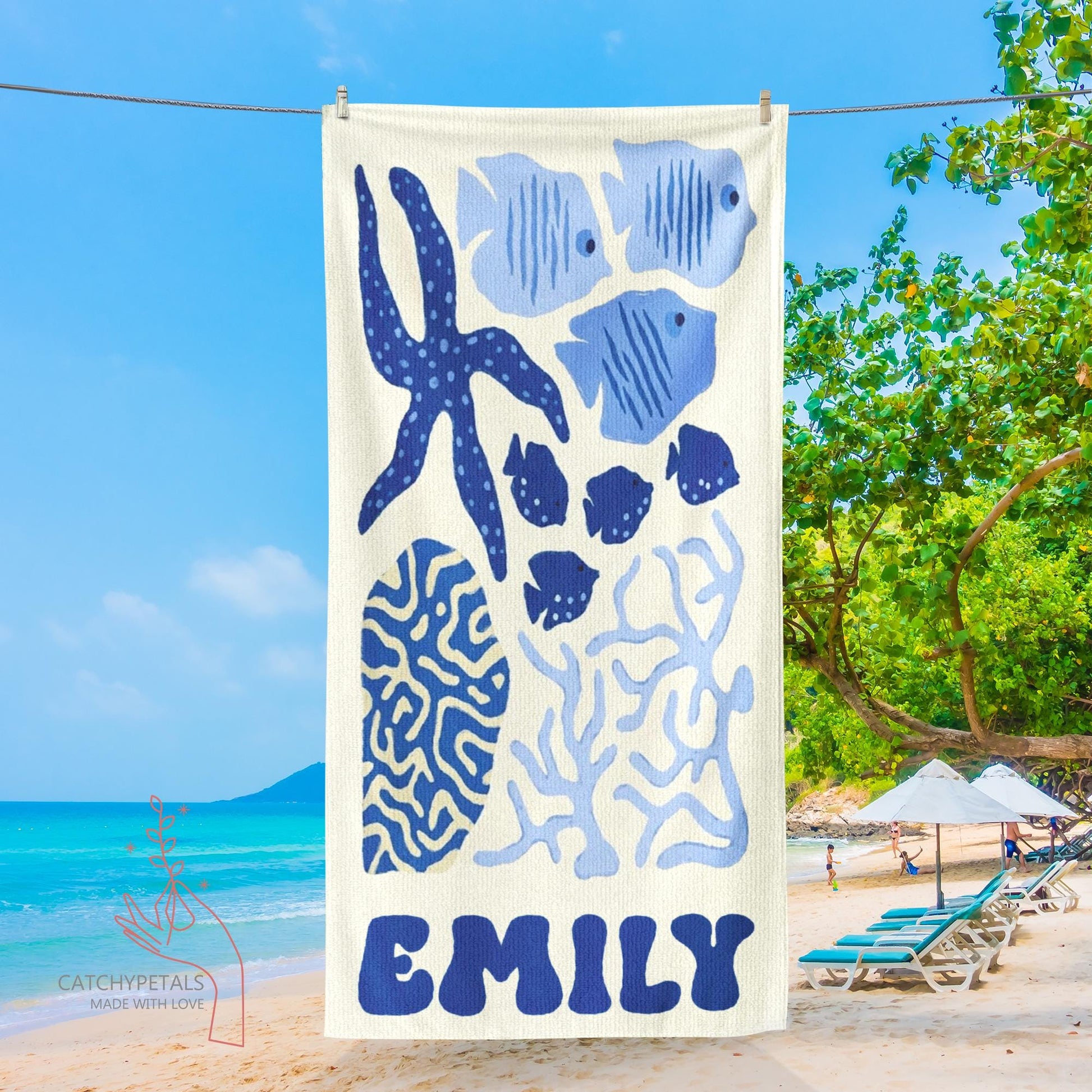 Personalized Retro Beach Towel, Marine Animal Beach Towel, Custom Name Towel, Summer Vacation Gift, Gift for Bestfriend, Bachelorette Party