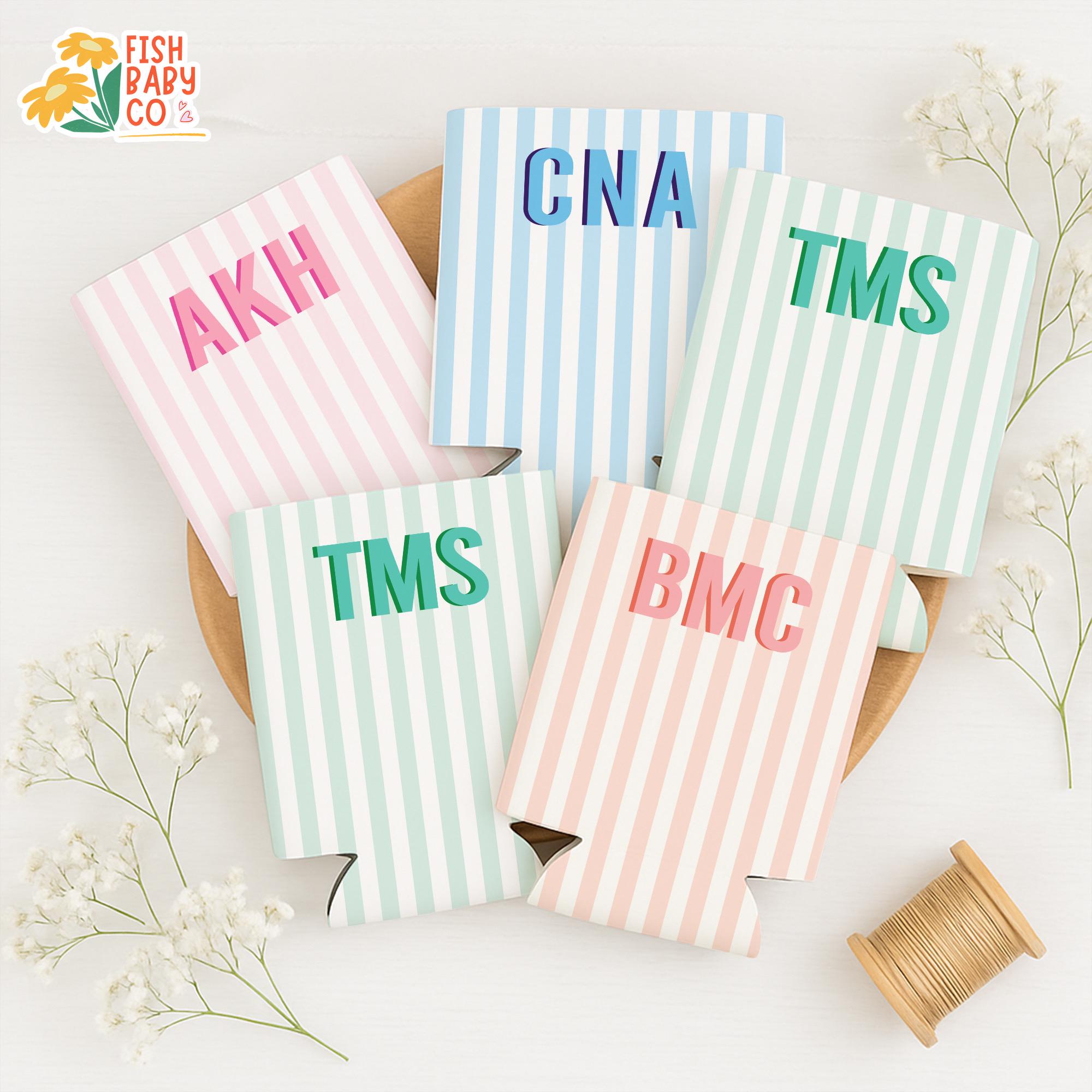 Monogram Bachelorette Slim Can Cooler, Personalized Name Coastal Bach Club Drink Sleeves, Beach Bachelorette Bridal Party Favors
