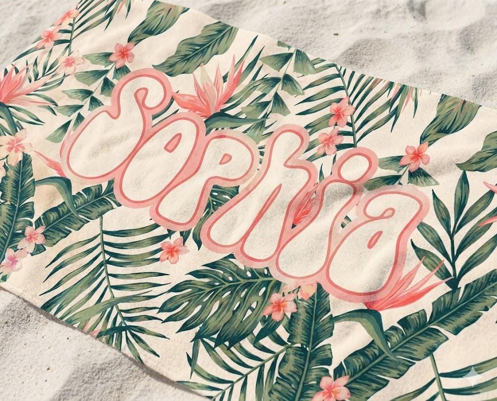 Personalized Tropical Floral Beach Towel: Custom Name Vacation Gift