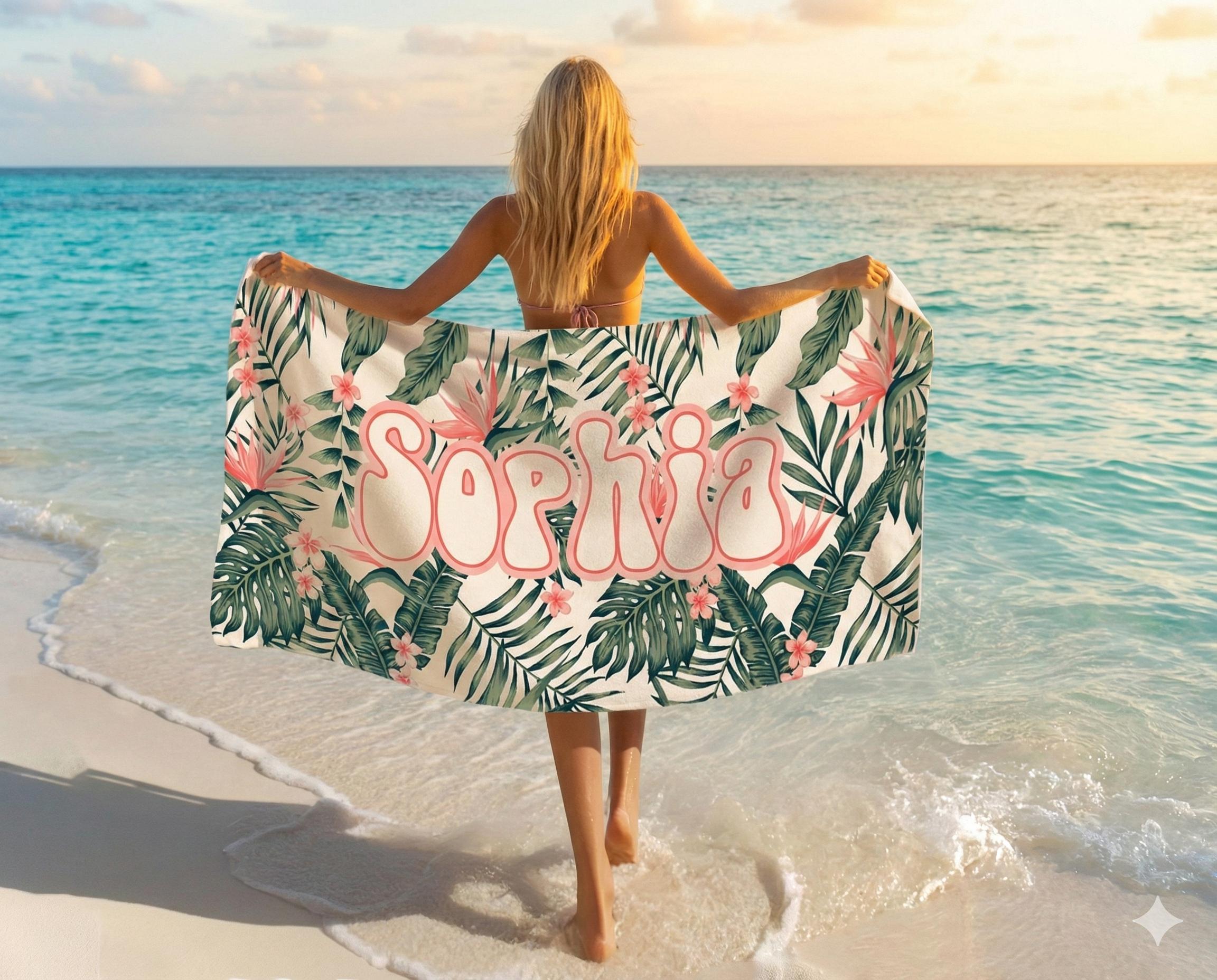 Personalized Tropical Floral Beach Towel: Custom Name Vacation Gift