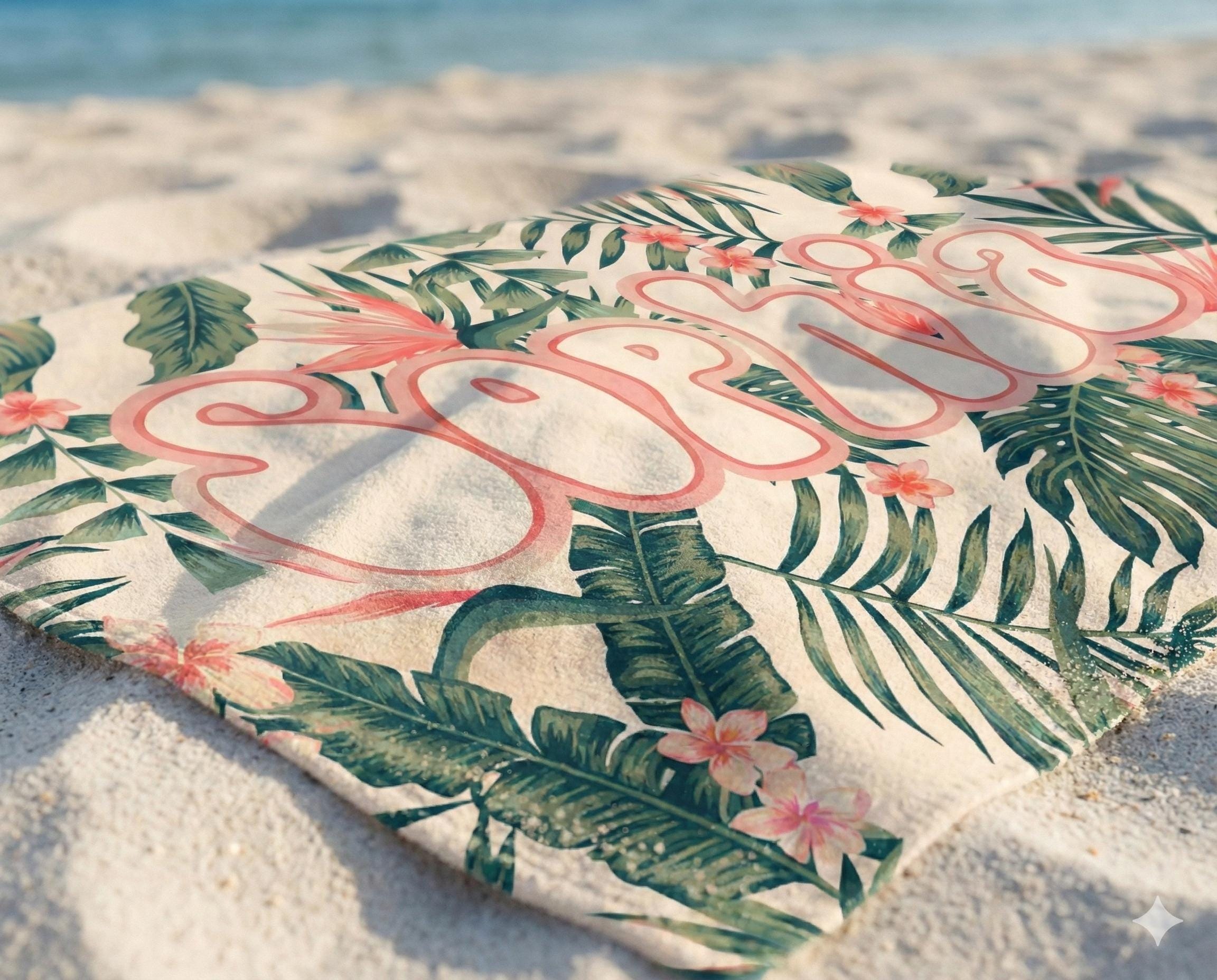 Personalized Tropical Floral Beach Towel: Custom Name Vacation Gift