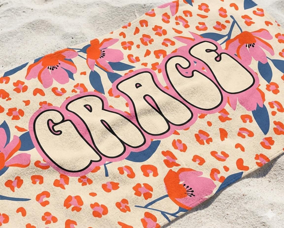 Personalized Tropical Floral Beach Towel: Custom Name Vacation Gift