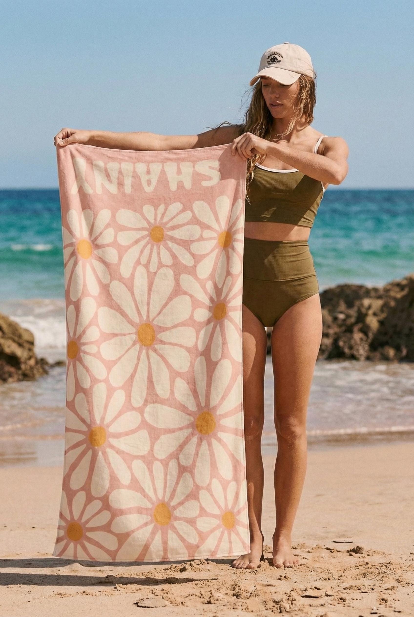 Personalized Daisy Beach Towel: 70s Boho Custom Name Gift