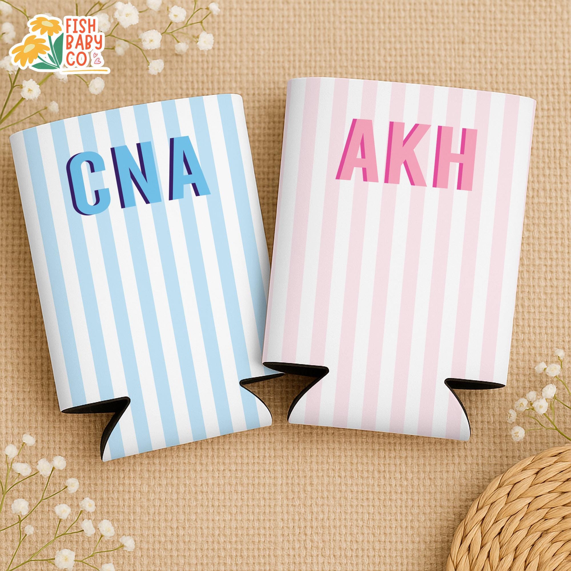 Monogram Bachelorette Slim Can Cooler, Personalized Name Coastal Bach Club Drink Sleeves, Beach Bachelorette Bridal Party Favors
