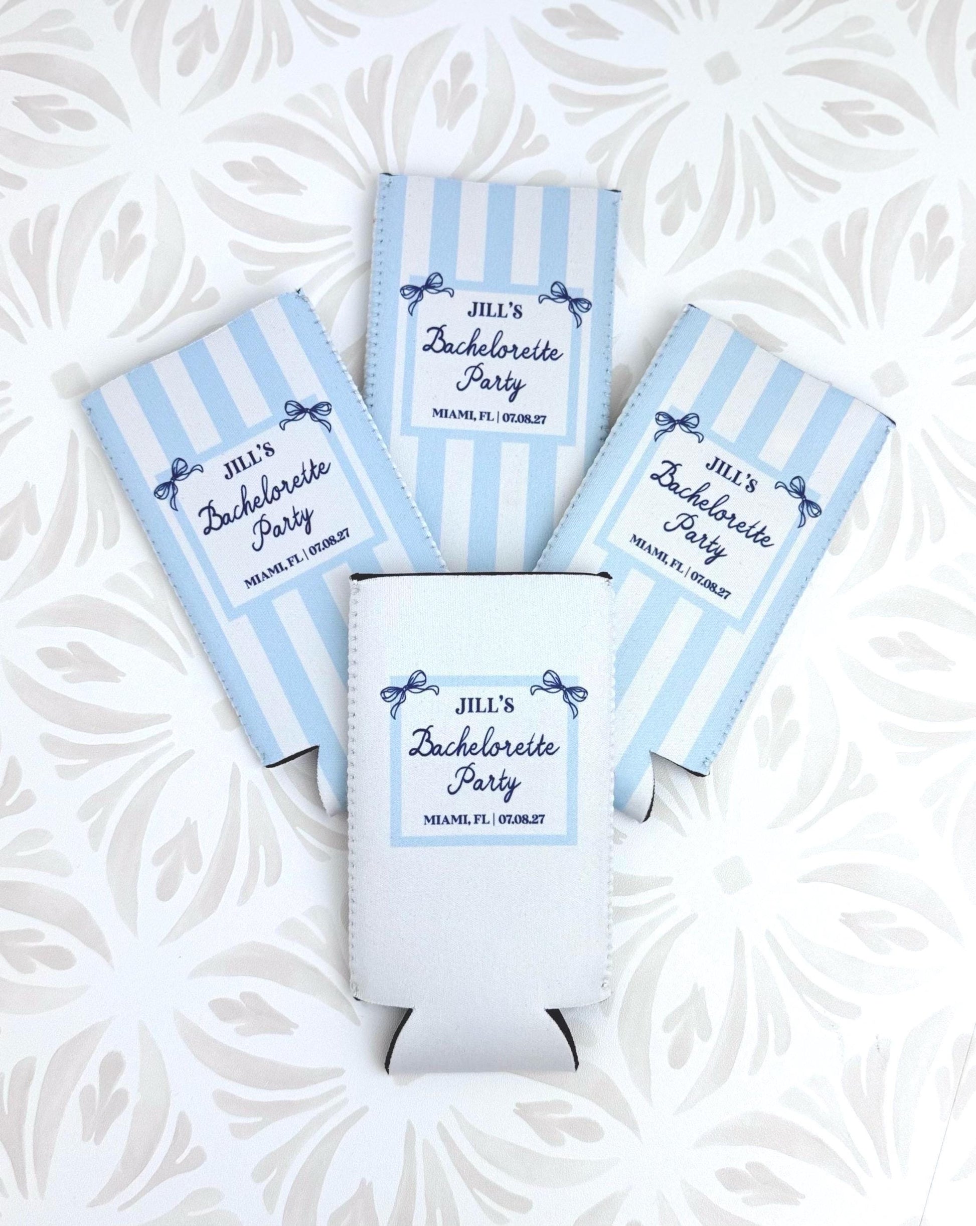 Personalized Beach Bachelorette Can Cooler – Coastal Bridal Party Favor – Custom Drink Holder - STRIPES